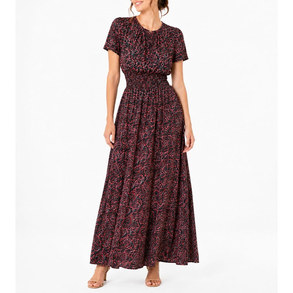 PRETTYGARDEN Women M Black Red Floral Maxi Dress Smocked Waist Boho Cottagecore